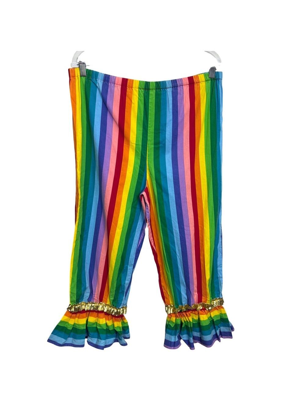 Vintage Handmade Rainbow Striped Ruffle Hem Pants Gold Clowncore Festival XL - Picture 4 of 6